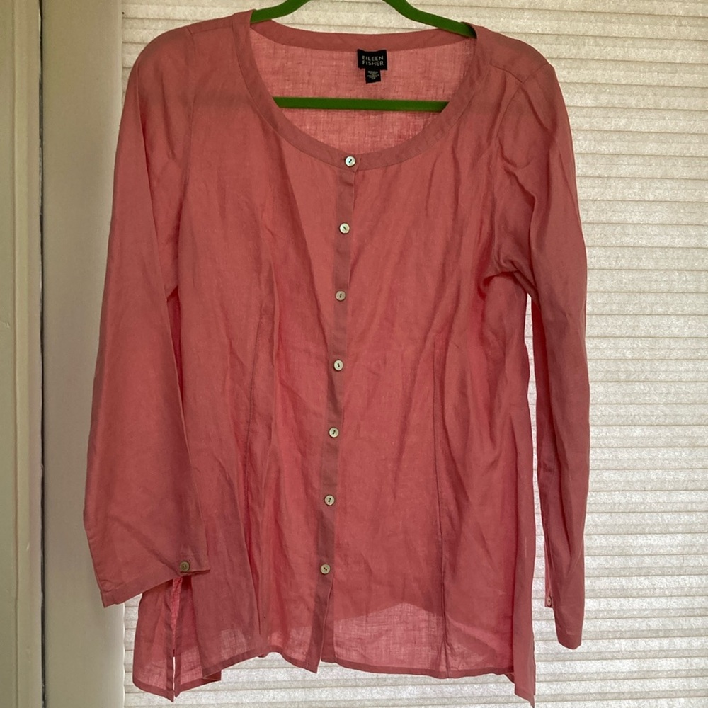 Eileen Fisher women’s linen blouse with banded collar, size M
